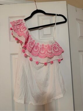 Lilly Pulitzer White Top with Pink Floral Embroidered Ruffle